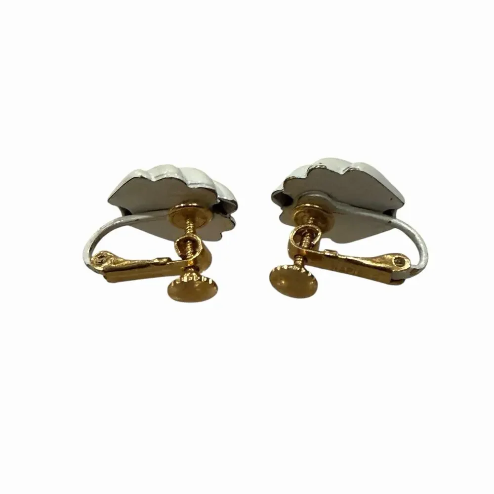 Vintage Napier White Enamel Gold Tone Scalloped Shell Screw Back Earrings Signed